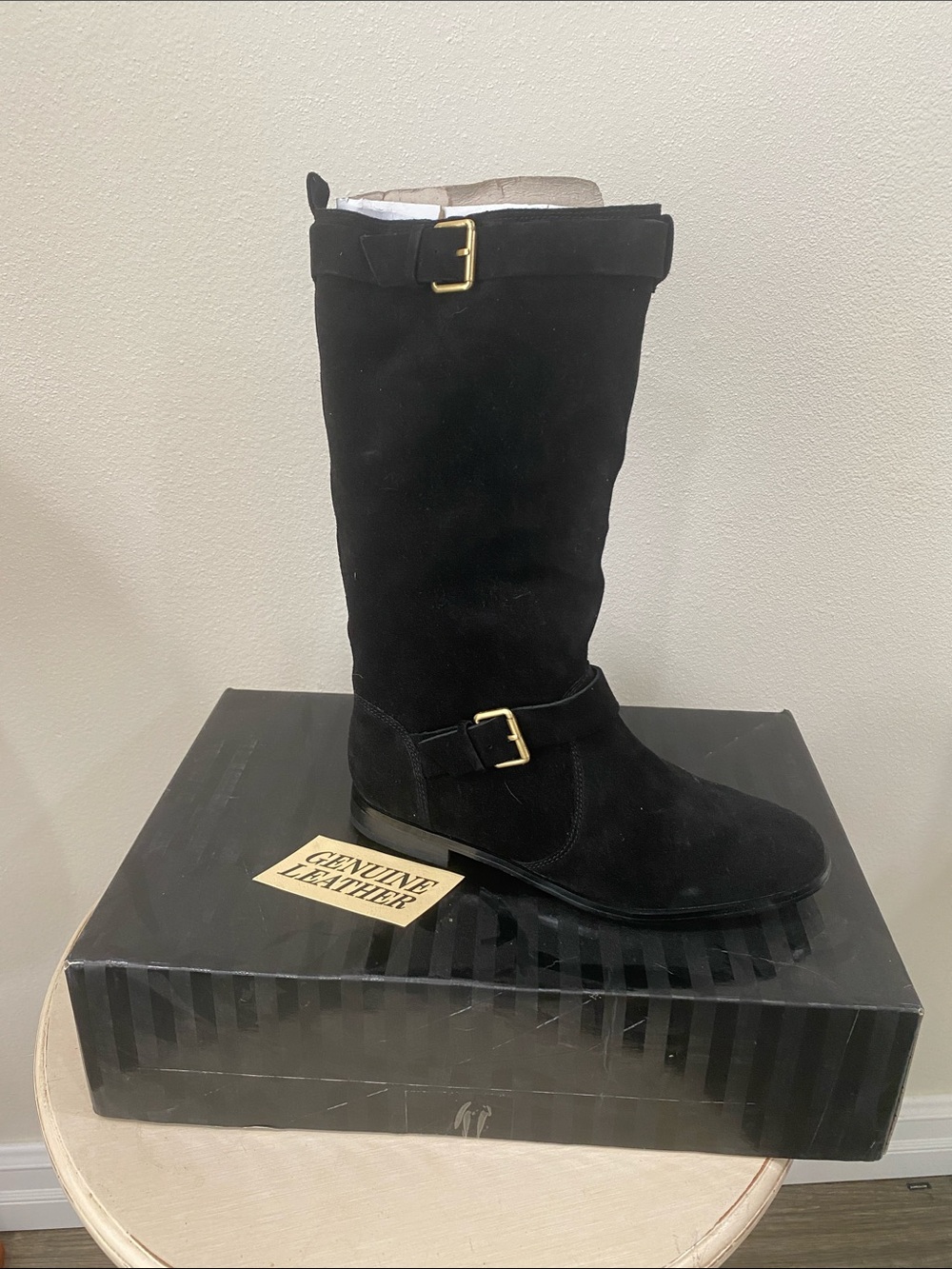 Classic Black Suede Knee-High Buckle Boots
